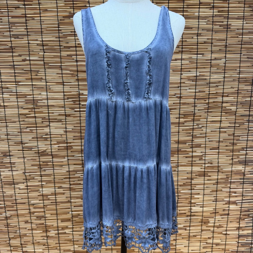 Sea Gypsies‎ Oleander Blue Tiered Mini Dress Crochet Lace Hem XS Boho Sleeveless